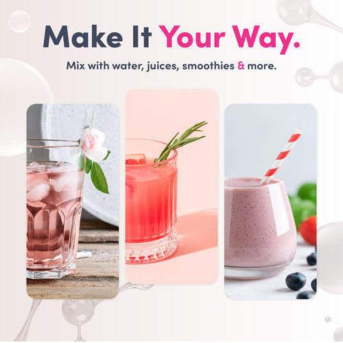 Graphic 'Make It Your Way. Mix with water, juices, smoothies & more.' Three drinks: iced pink rose drink, red grapefruit rosemary drink, berry smoothie.