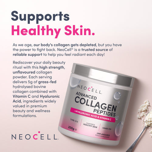 NeoCell Advanced Collagen Peptides with Hyaluronic Acid and Vitamin C, Type 1&3, grass-fed, unflavoured, 200g powder.