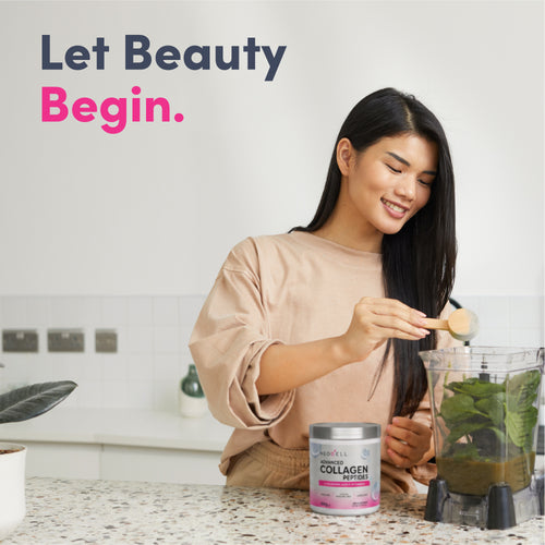 A woman adds Collagen Peptides powder to a blender with greens. Graphic reads: 'Let Beauty Begin.'