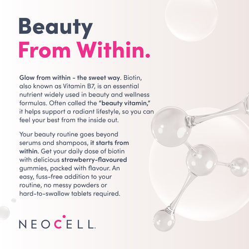 Super Biotin strawberry gummies with 'Beauty From Within' graphic for radiant beauty.