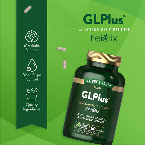 Product bottle with icons indicating Metabolic Support, Blood Sugar Control, and Quality Ingredients.