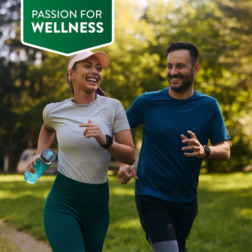 A smiling man and woman jogging in a park, the woman holding a water bottle, with a 'PASSION FOR WELLNESS' graphic.