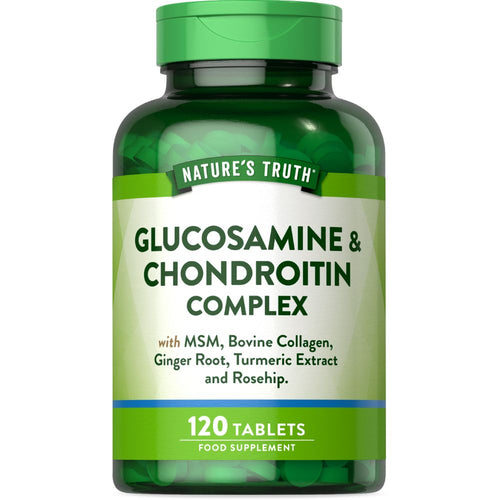 A hand holding Glucosamine & Chondroitin Complex bottle containing 120 tablets, emphasizing joint health and support.