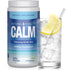 Natural Vitality Calm Relaxing Drink Mix, Unflavoured, 350mg Magnesium, 400g, 100 Servings, Vegan, with a glass of lemon water.
