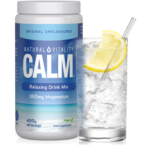 Natural Vitality Calm Relaxing Drink Mix, Unflavoured, 350mg Magnesium, 400g, 100 Servings, Vegan, with a glass of lemon water.