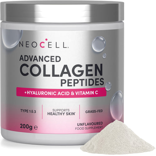Advanced Collagen Peptides with Hyaluronic Acid and Vitamin C, Type 1 and 3, Grass-Fed, 200g unflavoured powder.