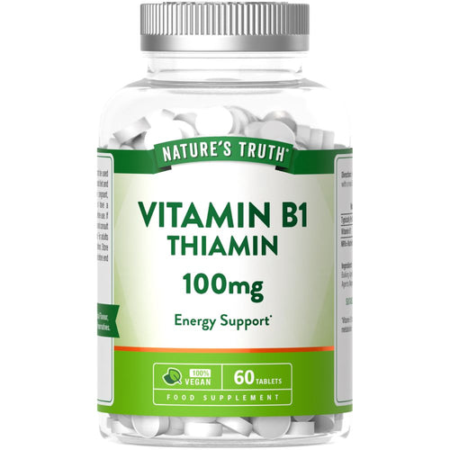 A bottle containing 60 tablets of Vitamin B1 Thiamin 100mg is shown.