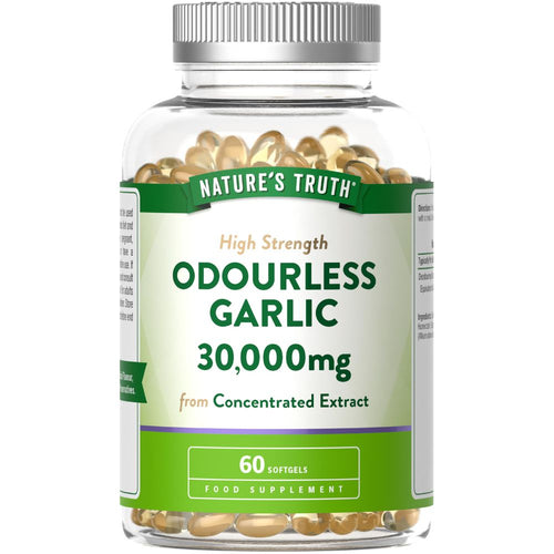 A clear bottle containing 60 softgels of Odourless Garlic 30,000mg.