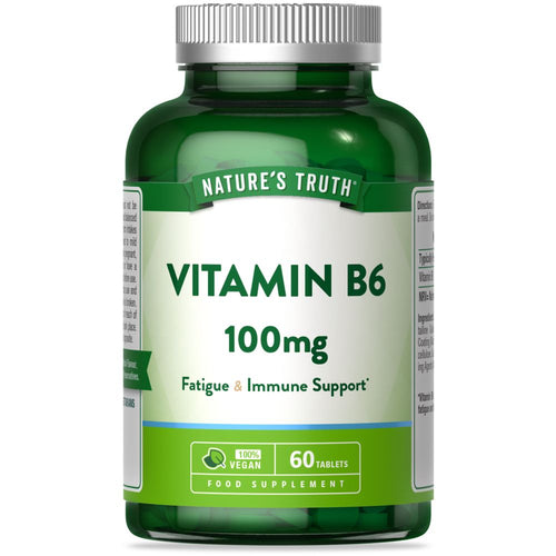 Natures Truth Vitamin B6 supplement, 100mg, contains 60 vegan tablets, ideal for supporting energy metabolism and nervous system health.