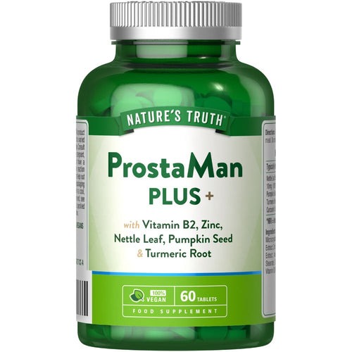 ProstaMan PLUS+ vegan supplement bottle containing 60 tablets, ideal for prostate health support.