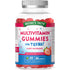 Clear bottle with 60 red vegan multivitamin gummies held in hand.