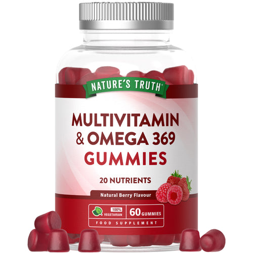 Vegetarian gummies offering multivitamins and Omega 369 in natural berry flavor. The bottle contains 60 gummies.