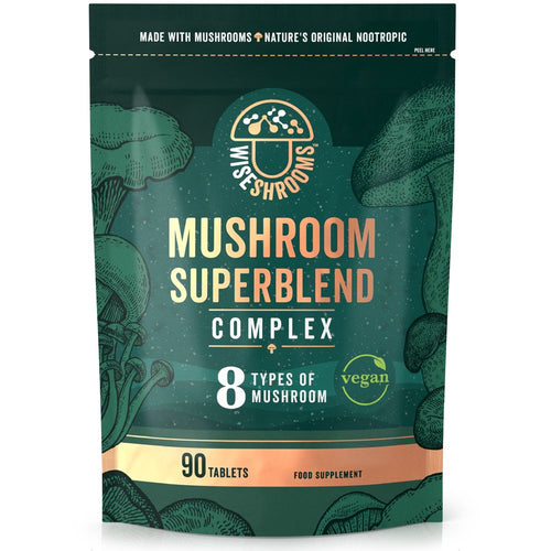 Wiseshroom Nootropic Mushroom Superblend Complex pouch containing 90 vegan tablets, shown on hand scale.
