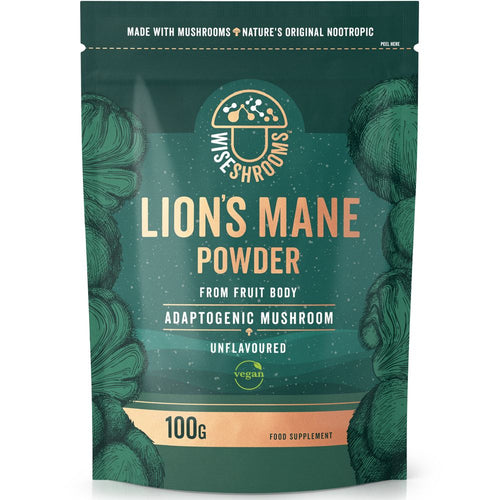 Pouch of Wise Shrooms Lion's Mane Powder, 100g, featuring text 'From fruit body, adaptogenic mushroom, unflavoured, vegan'.