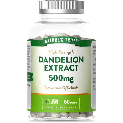 A clear bottle of Nature's Truth High Strength Dandelion Extract 500mg containing 60 vegan tablets.