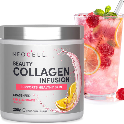 Neocell Beauty Collagen Infusion, Pink Lemonade flavor powder, 200g. Supports healthy skin. A glass with drink.