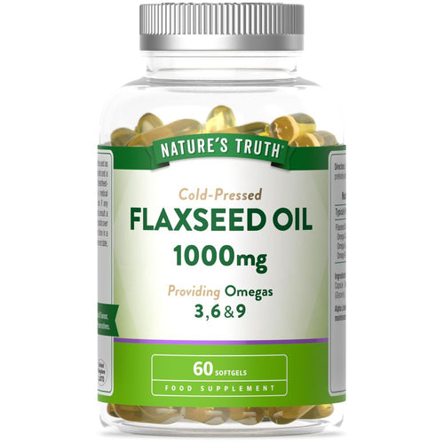 A clear bottle containing 1000 mg Flaxseed Oil softgels.