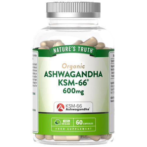 A bottle containing 60 Organic Ashwagandha KSM-66 capsules, each with 600mg.