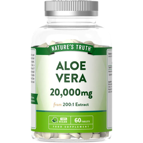 Aloe Vera tablets, 20,000mg concentration, available in a bottle containing 60 vegan tablets.