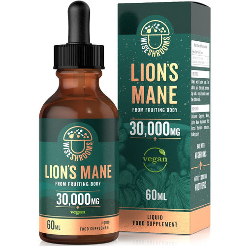 Lion's Mane Mushroom 30,000mg vegan liquid food supplement in a 60mL dropper bottle and matching box shown.