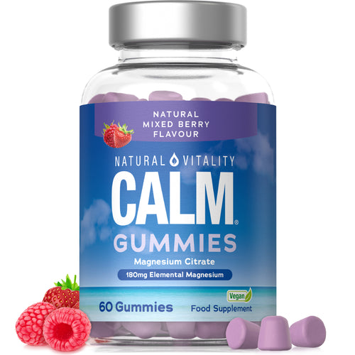 Natural Vitality Calm Magnesium gummies with 180mg per serving, in natural mixed berry flavor. Vegan and made with magnesium citrate.