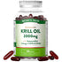 Clear bottle of 60 Krill Oil 2000mg softgels with several red softgels displayed outside.
