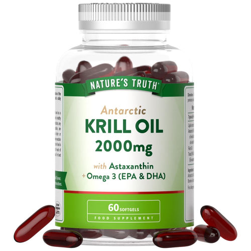 Clear bottle of 60 Krill Oil 2000mg softgels with several red softgels displayed outside.