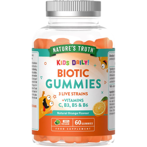 60 orange gummies in a clear plastic bottle.