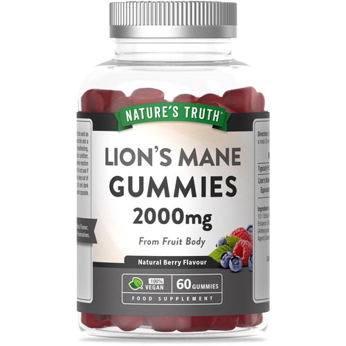 Lion's Mane Gummies, 2000mg, 60 vegan gummies in a natural berry flavor, shown to scale in hand for accurate size representation.