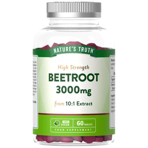 A clear bottle contains magenta colored beetroot tablets, totaling 60 tablets. The tablets fill the bottle.