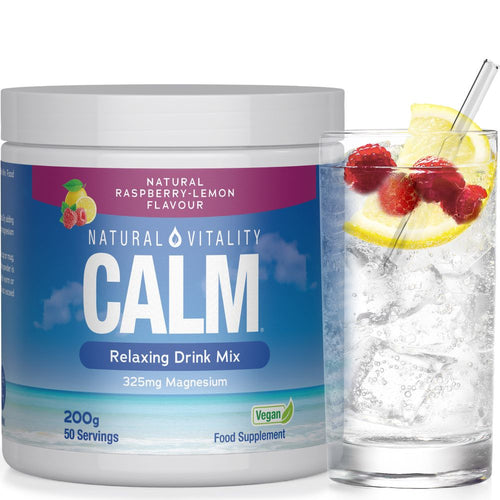 Natural Vitality Calm Relaxing Drink Mix, Natural Raspberry-Lemon Flavour, 200g tub with 325mg Magnesium, next to a prepared drink.