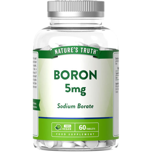 Nature's Truth Boron 5mg Sodium Borate tablets, a vegan 60-count food supplement, displayed on a hand scale.