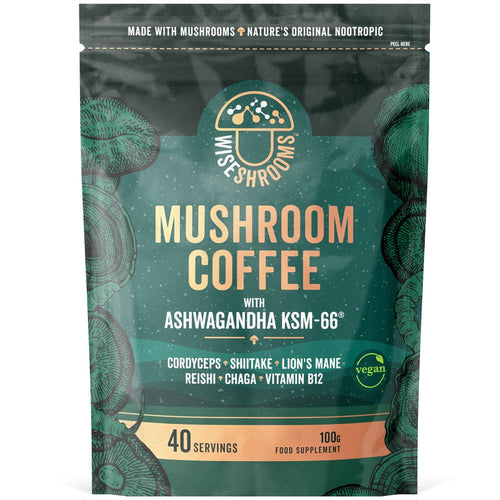 Mushroom Coffee 100g vegan powder with Ashwagandha, Cordyceps, Shiitake, Lion's Mane, Reishi, Chaga, and Vitamin B12.