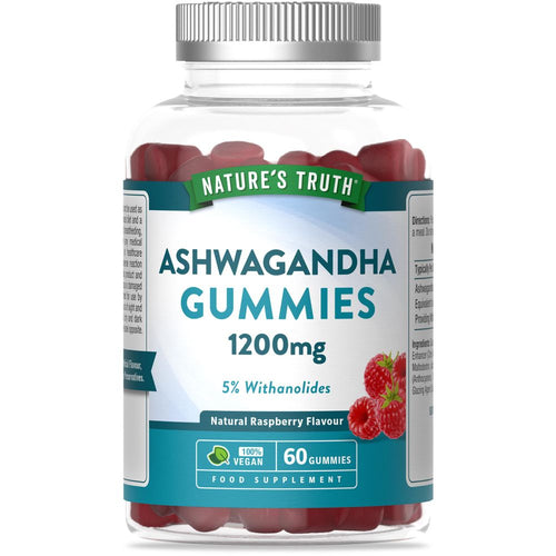 A bottle of Ashwagandha Gummies, 1200mg, 60 count, shown on a hand scale for visual reference of size and quantity.