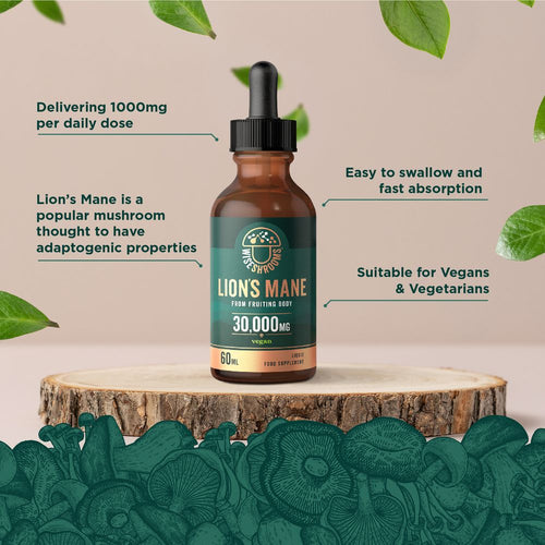 Hand holding Wiseshrooms Lion's Mane Liquid Supplement, 30,000mg, 60ml vegan dropper bottle.