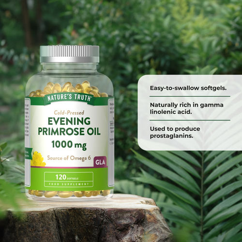 A bottle containing 120 easy-to-swallow yellow Evening Primrose Oil 1000 mg softgels.