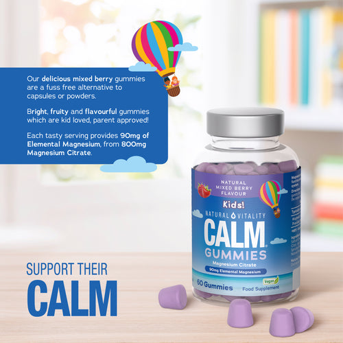 Natural Vitality Calm Kids Magnesium Gummies: 90mg elemental magnesium, 60 vegan gummies, natural mixed berry flavor.