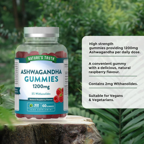 A bottle of Ashwagandha 1200mg vegan gummies, 60 count, natural raspberry flavor.