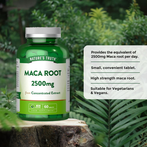 Maca Root 2500mg supplement with 60 vegan tablets, shown on a hand scale to indicate size and weight.