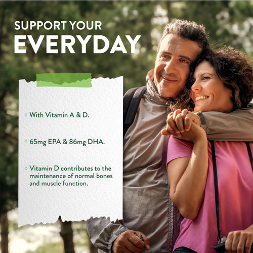 Product highlights graphic stating with Vitamin A and D, 65mg EPA, 86mg DHA, Vitamin D supports normal bones and muscle function.
