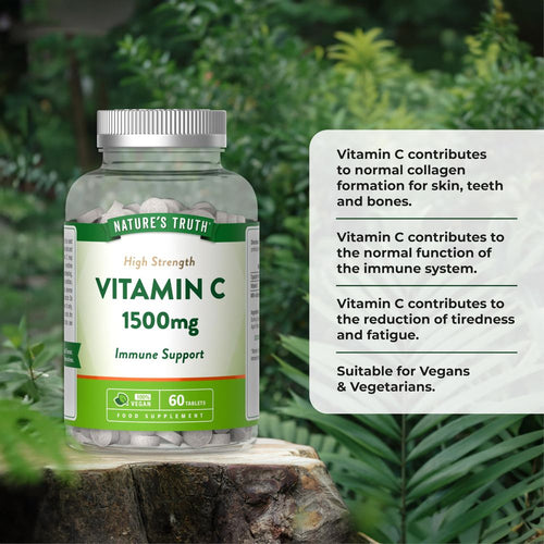 A bottle containing 60 grey, round Vitamin C tablets, each with a dosage of 1500mg.