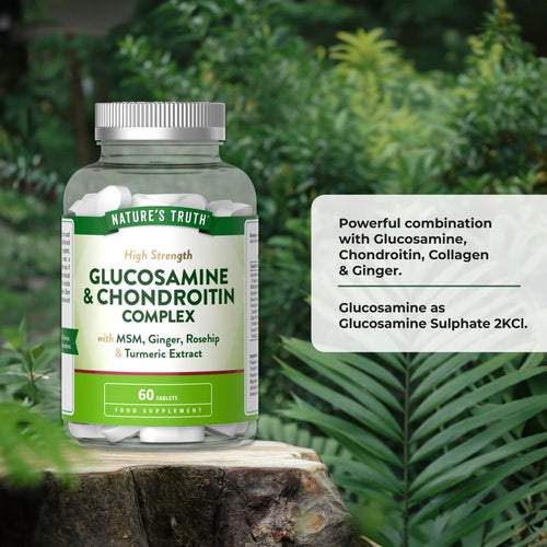 A clear bottle containing 60 white tablets of Glucosamine & Chondroitin Complex.