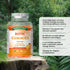Product highlights graphic stating 5 billion bacteria (3 strains), Vitamin C for immunity, B Vitamins for energy, Orange gummies, Vegan.