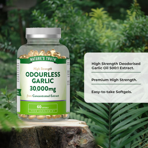 NATURE'S TRUTH Odourless Garlic 30,000mg in a clear bottle. Contains 60 easy-to-take golden softgels.