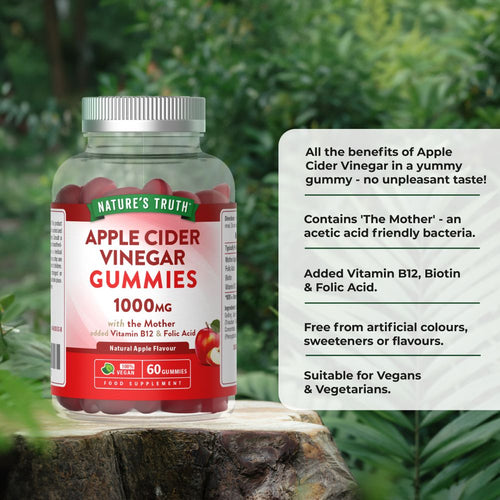 Jar of Apple Cider Vinegar 1000mg vegan gummies, 60 count, in clear plastic packaging.