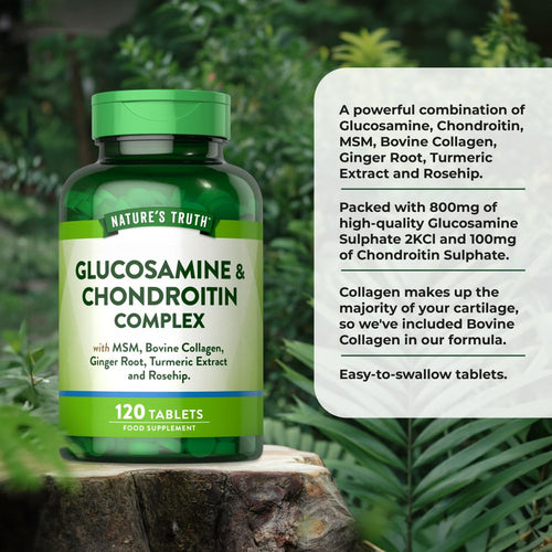 Nature's Truth Glucosamine & Chondroitin Complex 120 Tablets with MSM, Bovine Collagen, Ginger Root, Turmeric Extract, Rosehip.