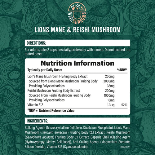 Hand holding a scale weighing Lions Mane and Reishi Mushroom capsules, 4000mg.