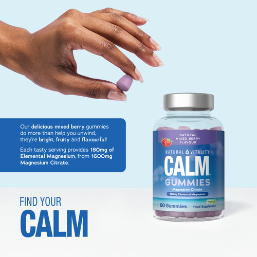 Natural Vitality Calm Magnesium Gummies in mixed berry flavor, offering 180mg Elemental Magnesium, with 60 vegan gummies.