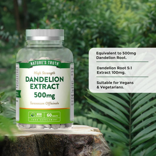 Dandelion Extract 500mg, 60 tablets. Equivalent to 500mg Dandelion Root. Dandelion Root 5:1 Extract 100mg. Suitable for Vegans.