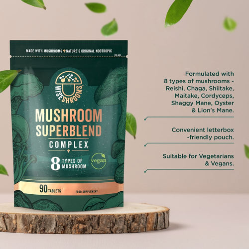 Wiseshroom Nootropic Mushroom Complex bottle held in hand, contains 90 vegan tablets.